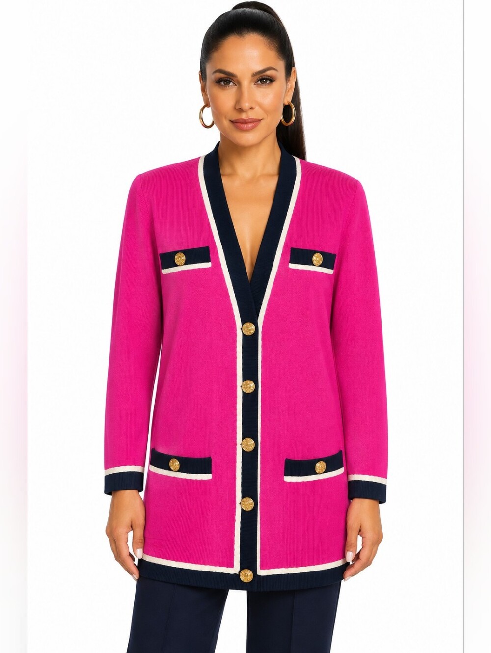 St John Collection Santana Knit Fuchsia Pink Navy Cardigan Jacket Gold Buttons L
